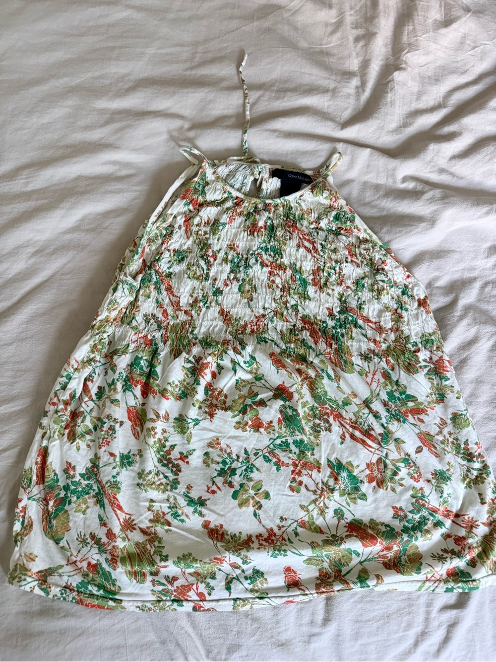 Calvin Klein Jeans White Halter Top with Green & Rust Floral Accents